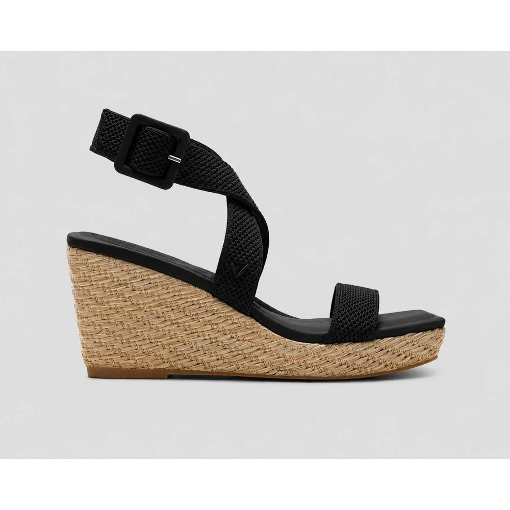 VIVAIA Lyla Black Knit Espadrille Wedge Sandals Square Toe Women Size EU 40 US 9